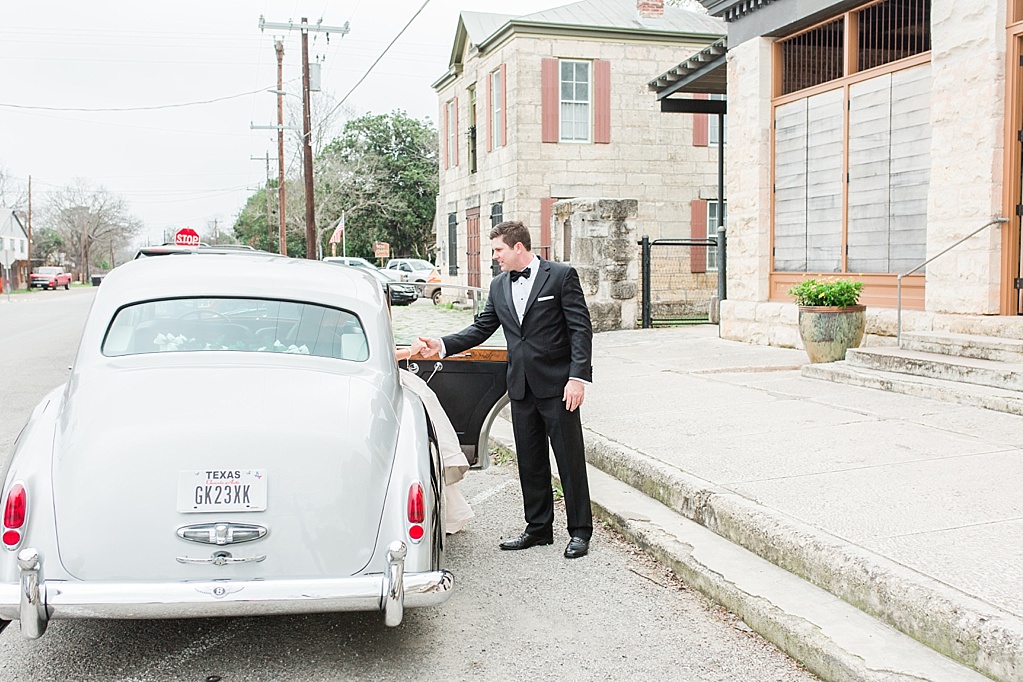 An Art Deco Black Tie Wedding at The Ingenhuett On High in Comfort Texas Featuring a Bentley Vintage Car and Blush Wedding Dress 0025