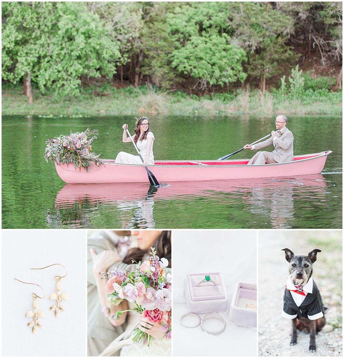 A minimalist ranch wedding in the Texas Hill Country featuring a canoe bridal party entrance and night portrait. 0089