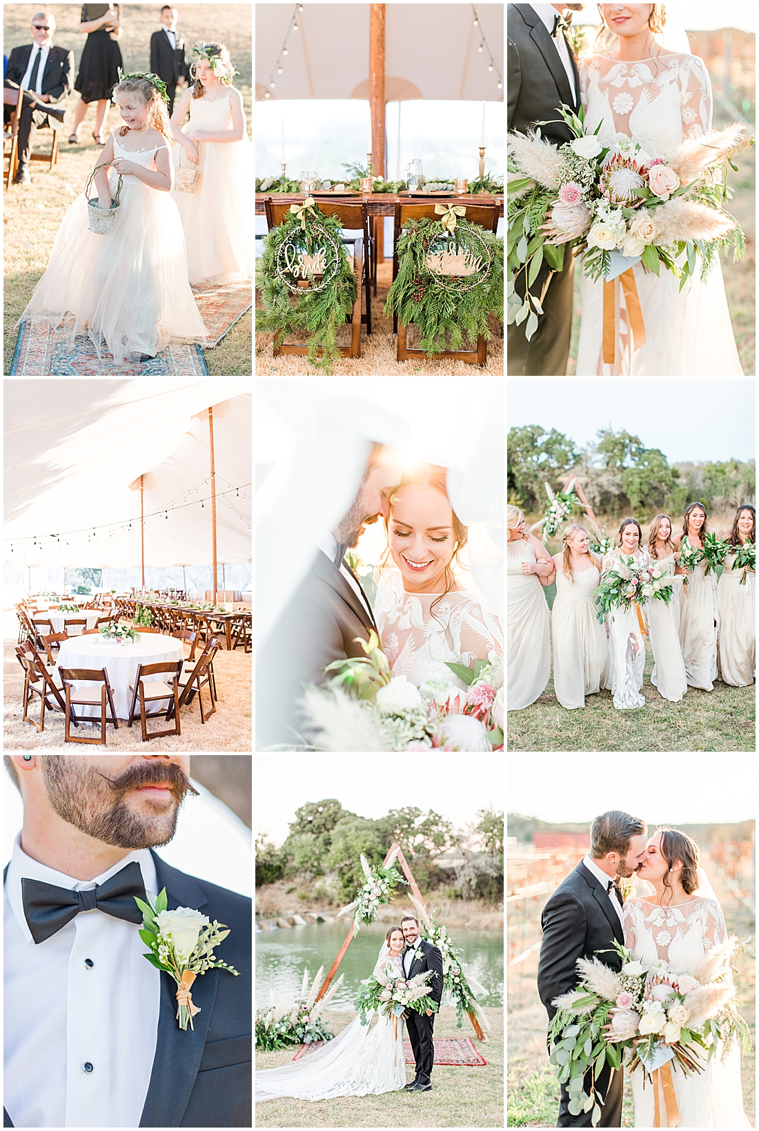 champagne and greenery winter wedding, champagne and greenery wedding ideas, winter wedding ideas, The De Siene - Marrakesh Melody dress, pampas grass wedding flowers, pampas grass bouquet, pampas grass wedding ideas, winter wedding inspiration, winter wedding colors, wedding color ideas, classic elegant wedding ideas, uique wedding ideas, champagne bridesmaid dresses, flower girl, bridal photos, bride and groom photos, turtle creek olive grove in kerrville texas, texas hill country wedding