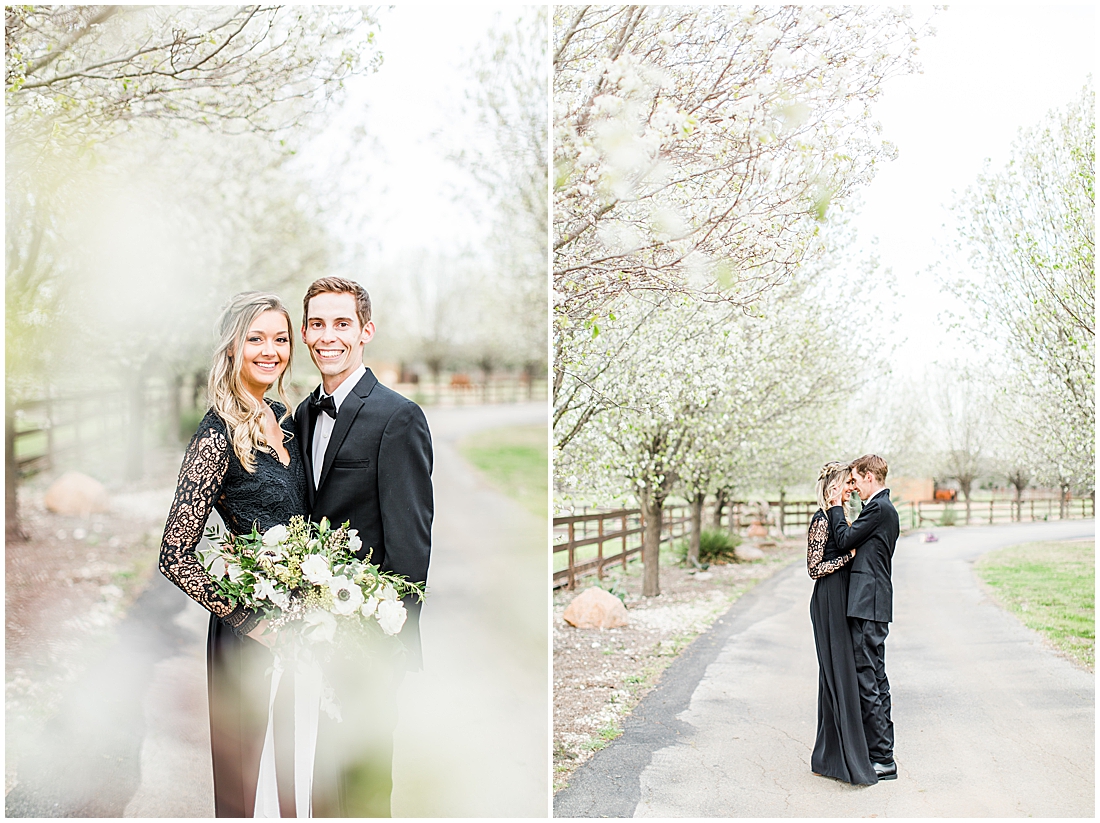 King River Ranch Wedding Venue in Johnson City Engagement Photos in the white Pear blossoms by Allison Jeffers Wedding Photography 0012