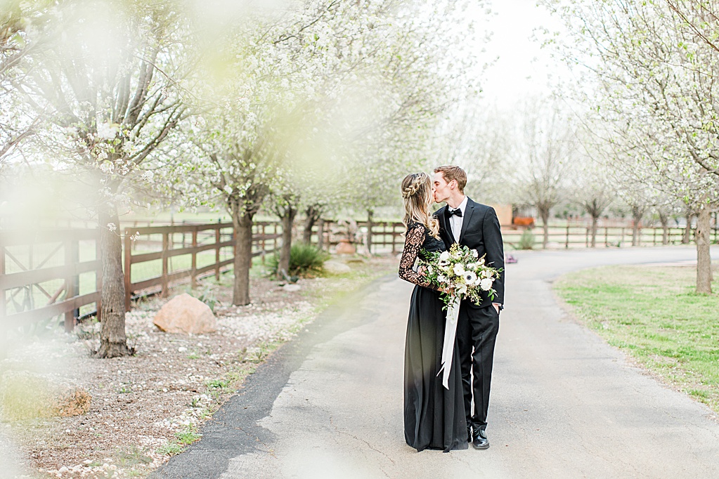King River Ranch Wedding Venue in Johnson City Engagement Photos in the white Pear blossoms by Allison Jeffers Wedding Photography 0021