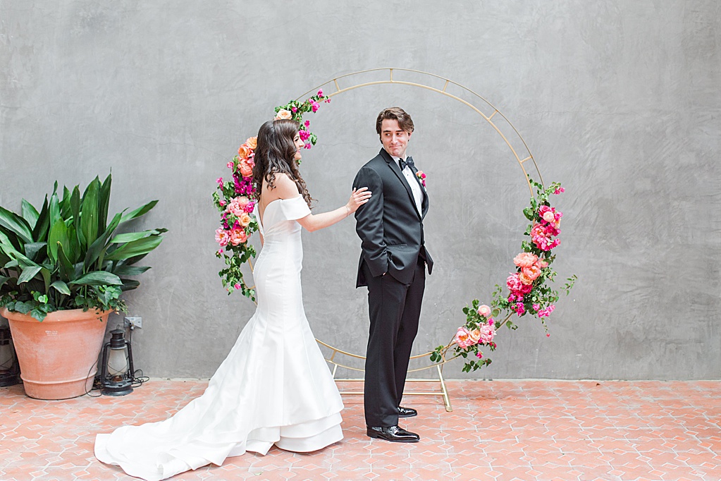 A Summer Wedding at Hotel Emma in San Antonio featuring hot pink bougainvillea florals 0042