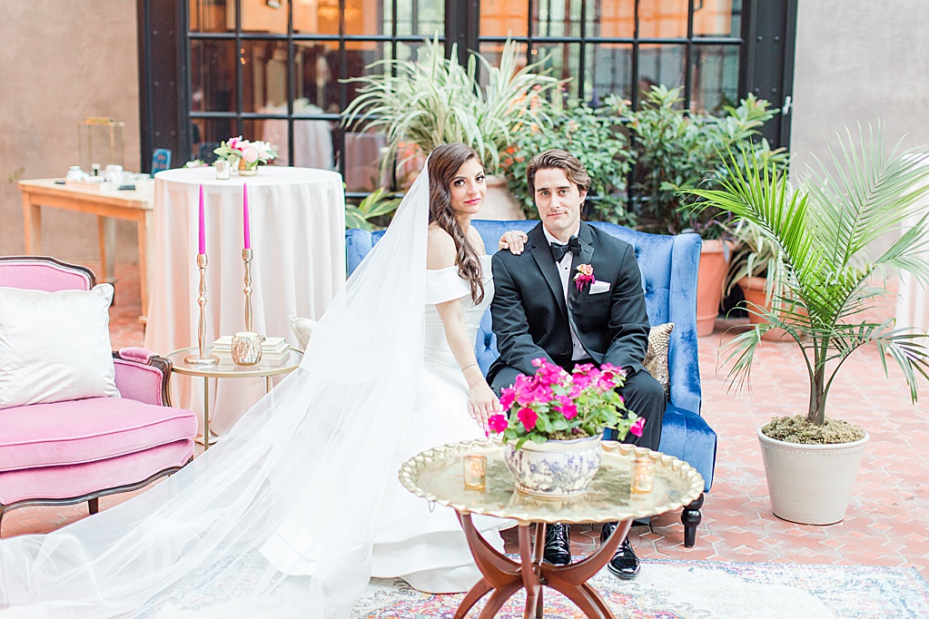 A Summer Wedding at Hotel Emma in San Antonio featuring hot pink bougainvillea florals 0199