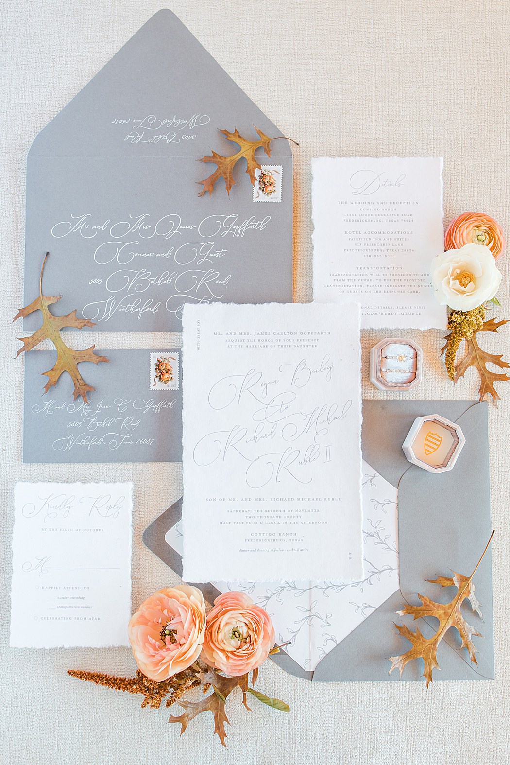 Custom grey and white invitation suite with fall wedding palette 