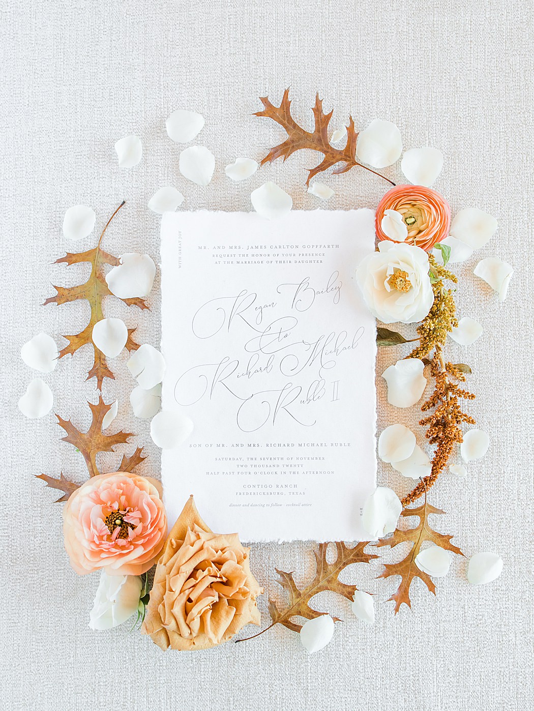 A Grey and Peach Fall Wedding  invitation suite photographed by Allison Jeffers Photography 0003