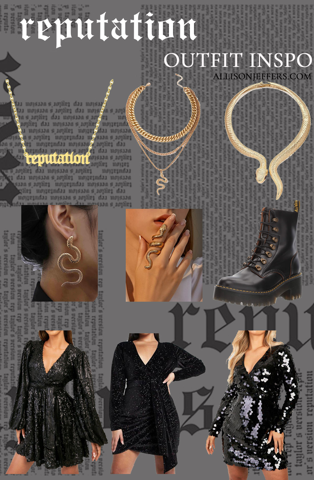 taylor swift eras tour reputation outfit ideas eras concert black and gold dresses and accessories copy